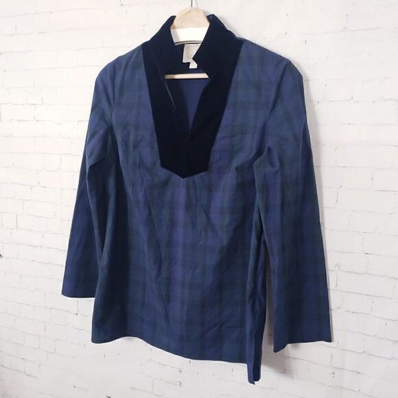 Sail To Sable Tartan Plaid Stretch Tunic Top Size S Blue Green Velvet Trim - Picture 3 of 8